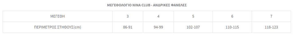 Μεγεθολόγιο Ανδρικής Φανέλας NINA CLUB