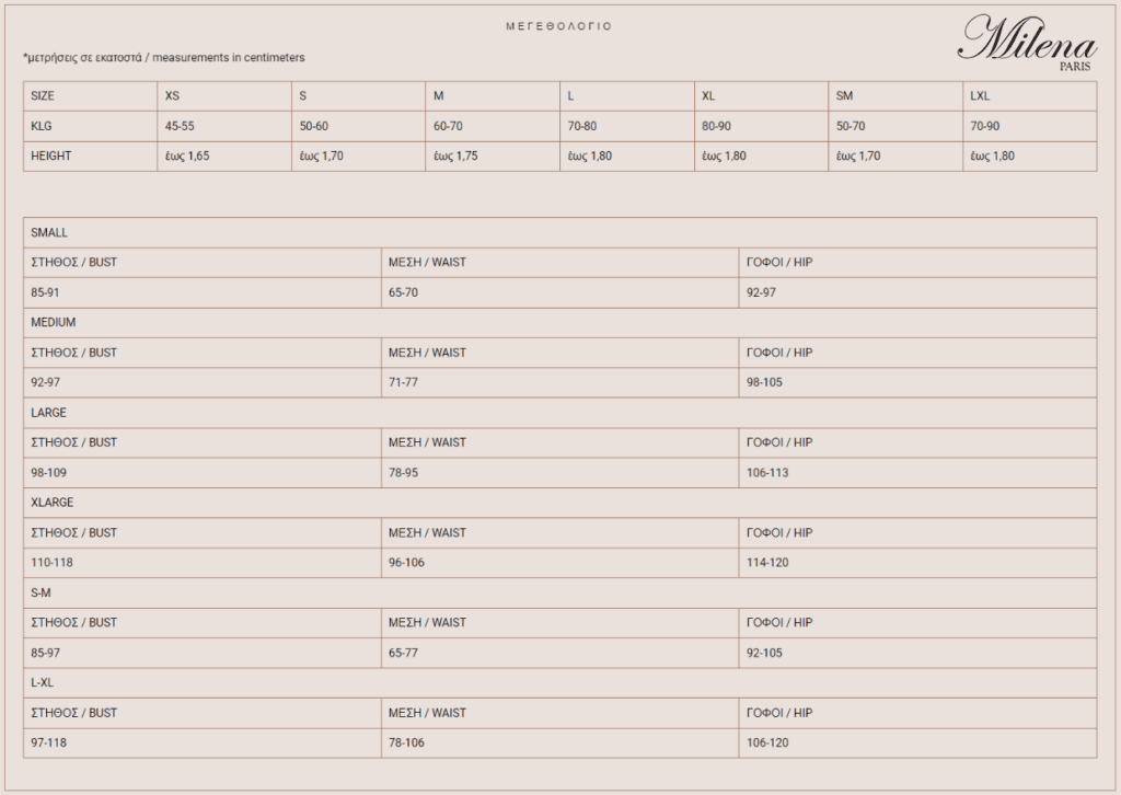 Milena by PARIS Size Chart