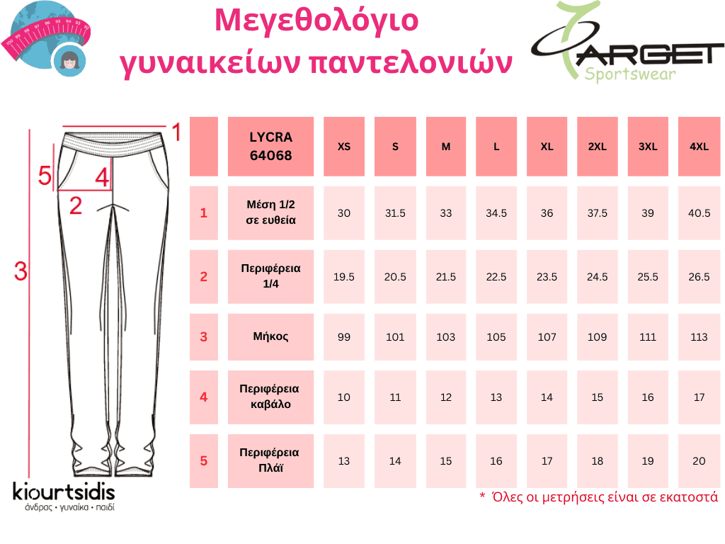 Target size chart γυναικεία παντελόνια LYCRA ίσια
