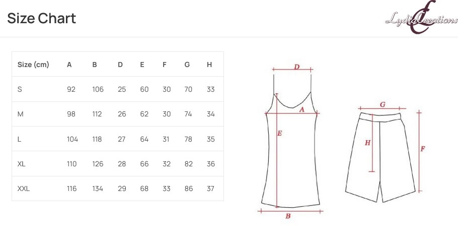 Lydia Creations Baby Doll Σατέν Size Chart 2501