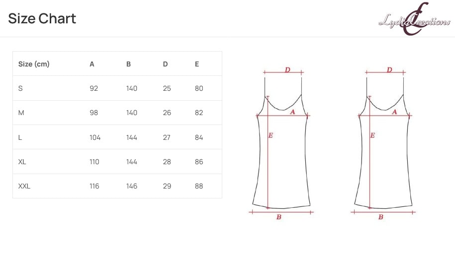 Lydia Creations Νυχτικό Σατέν Ραντάκι Size Chart