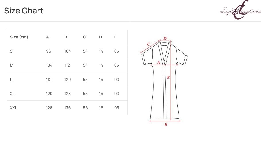 Lydia Creations Ρόμπα Σατέν Size Chart